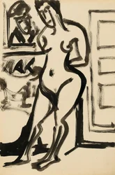 Standing Nude in Front of Picture in Studio